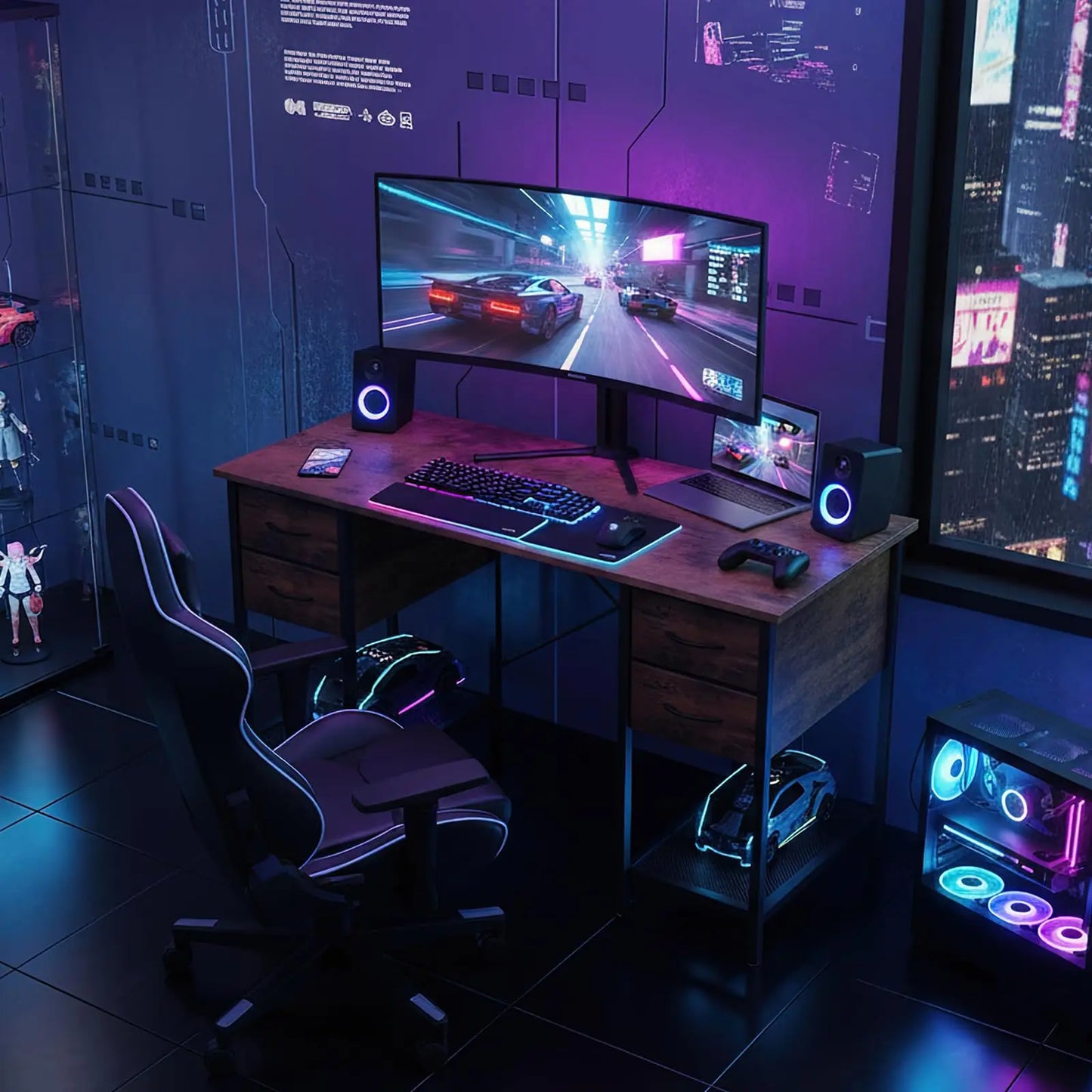 JHK Computer Desk With 4 Drawers And Mesh Shelf For Home Office