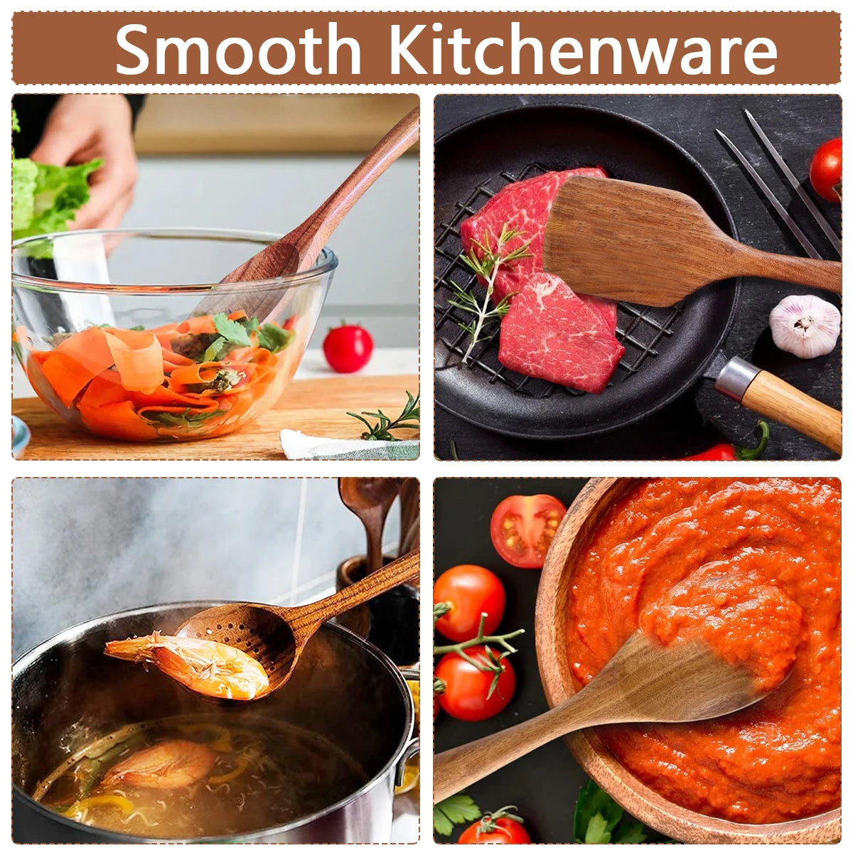 Natural Wood Kitchen Utensil Set With Ergonomic Handles Five Pieces