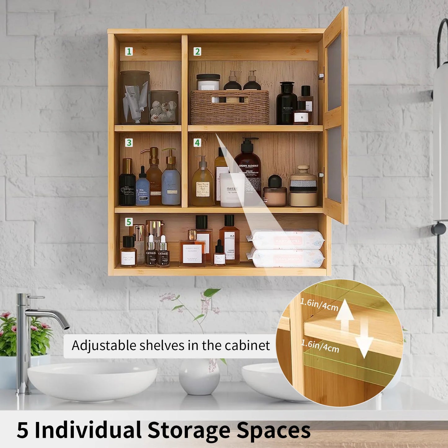 Wall Mounted Bamboo Medicine Cabinet With Mirror And Five Shelves