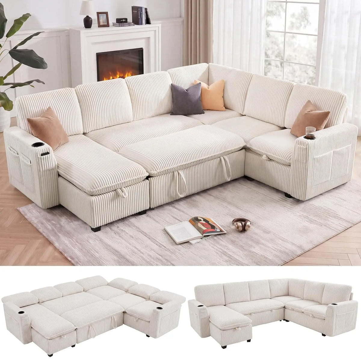 Xiaolang Corduroy Sectional Sofa With Pull Out Bed Storage Chaise