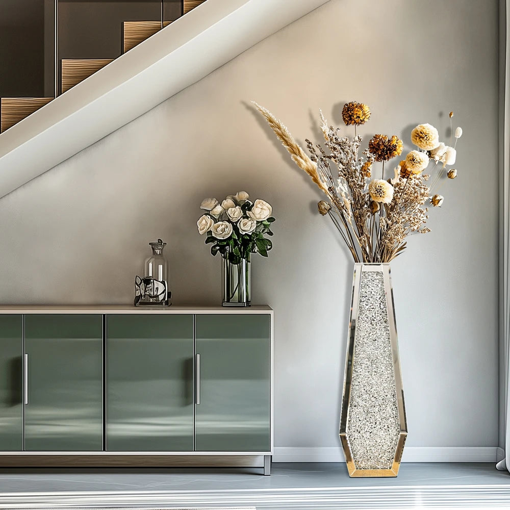 Luxury Crushed Diamond Mirrored Floor Vase Glass