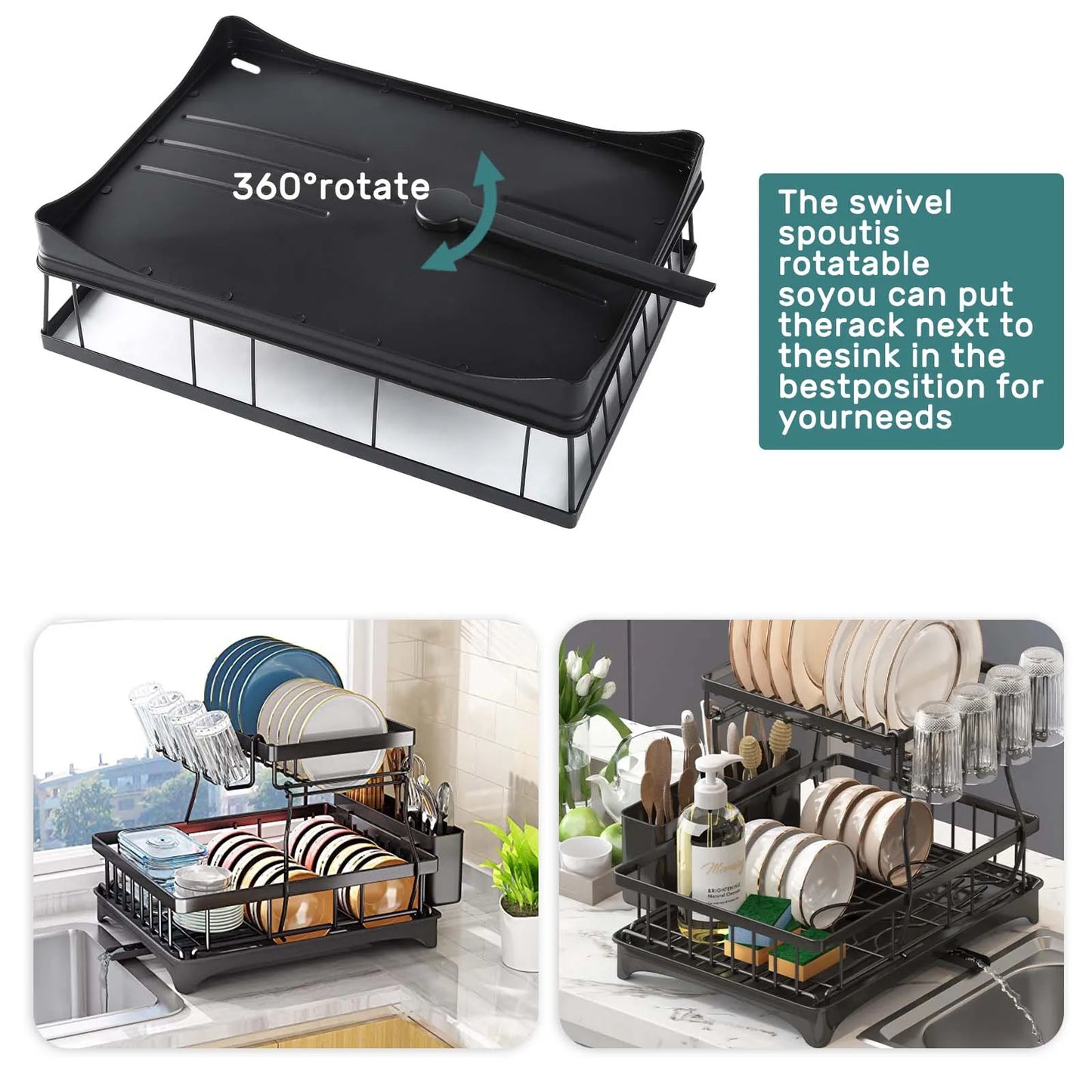 Large Capacity Two Tier Dish Drying Rack For Kitchen Countertops