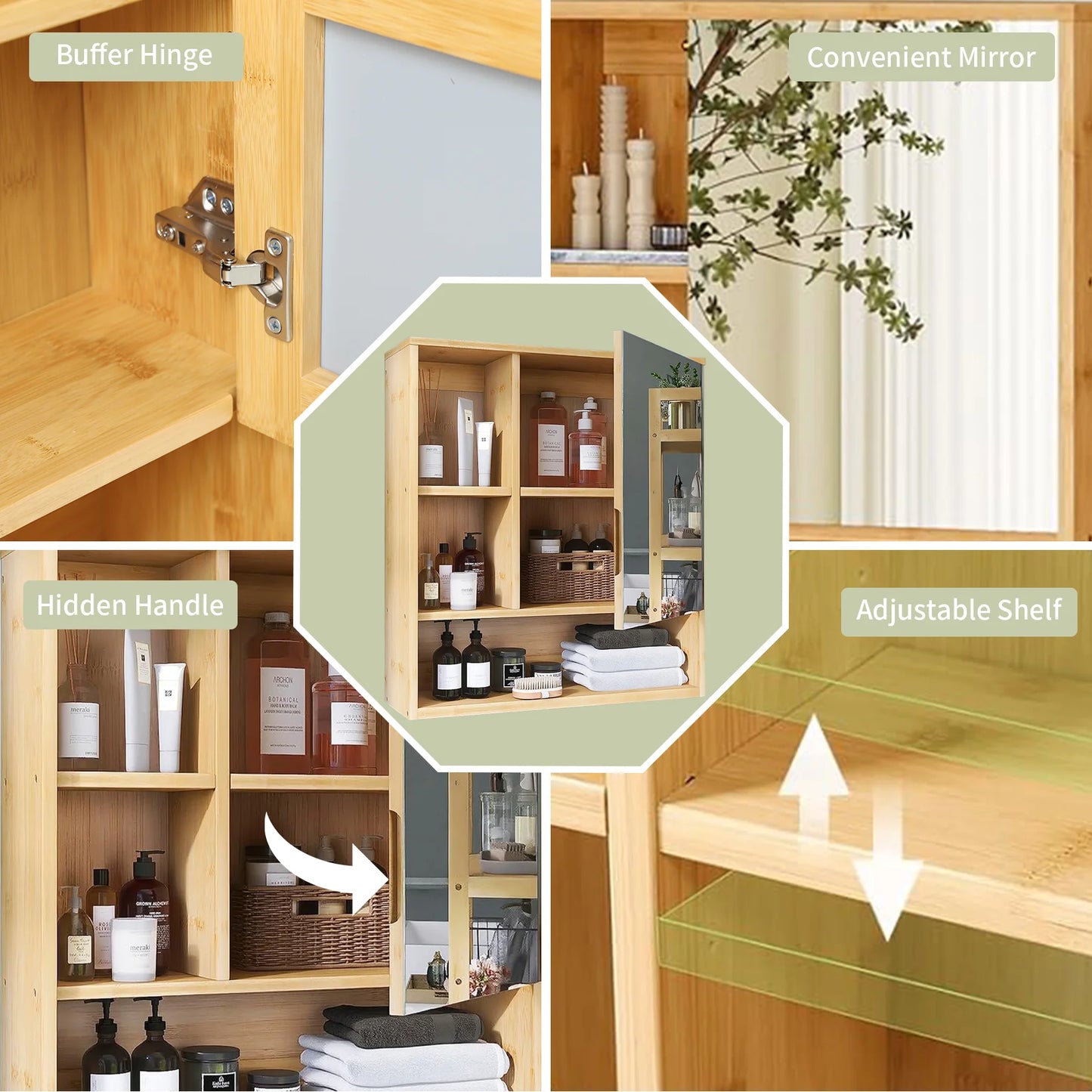 Wall Mounted Bamboo Medicine Cabinet With Mirror And Five Shelves