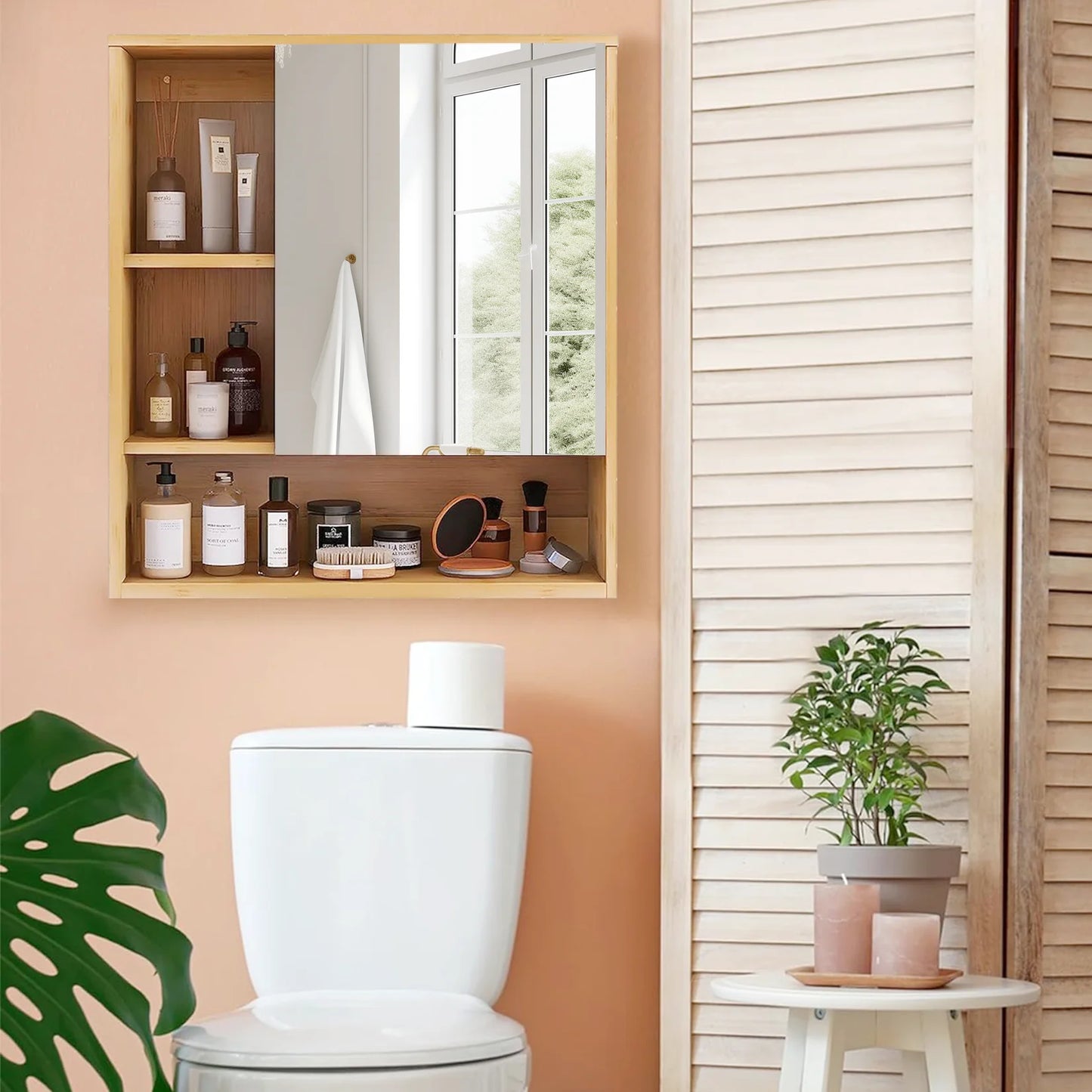 Wall Mounted Bamboo Medicine Cabinet With Mirror And Five Shelves