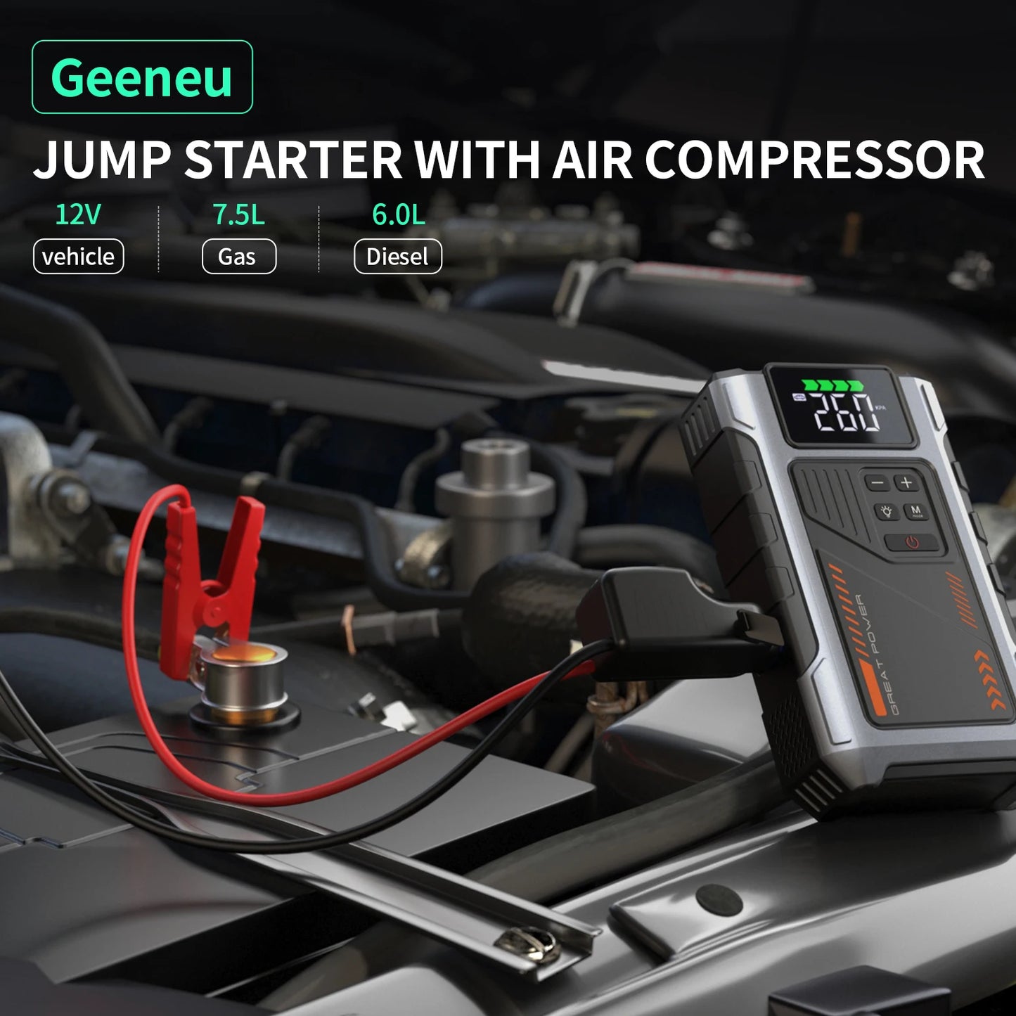 Geeneu Portable Jump Starter With Air Compressor 3000A Peak 150 PSI