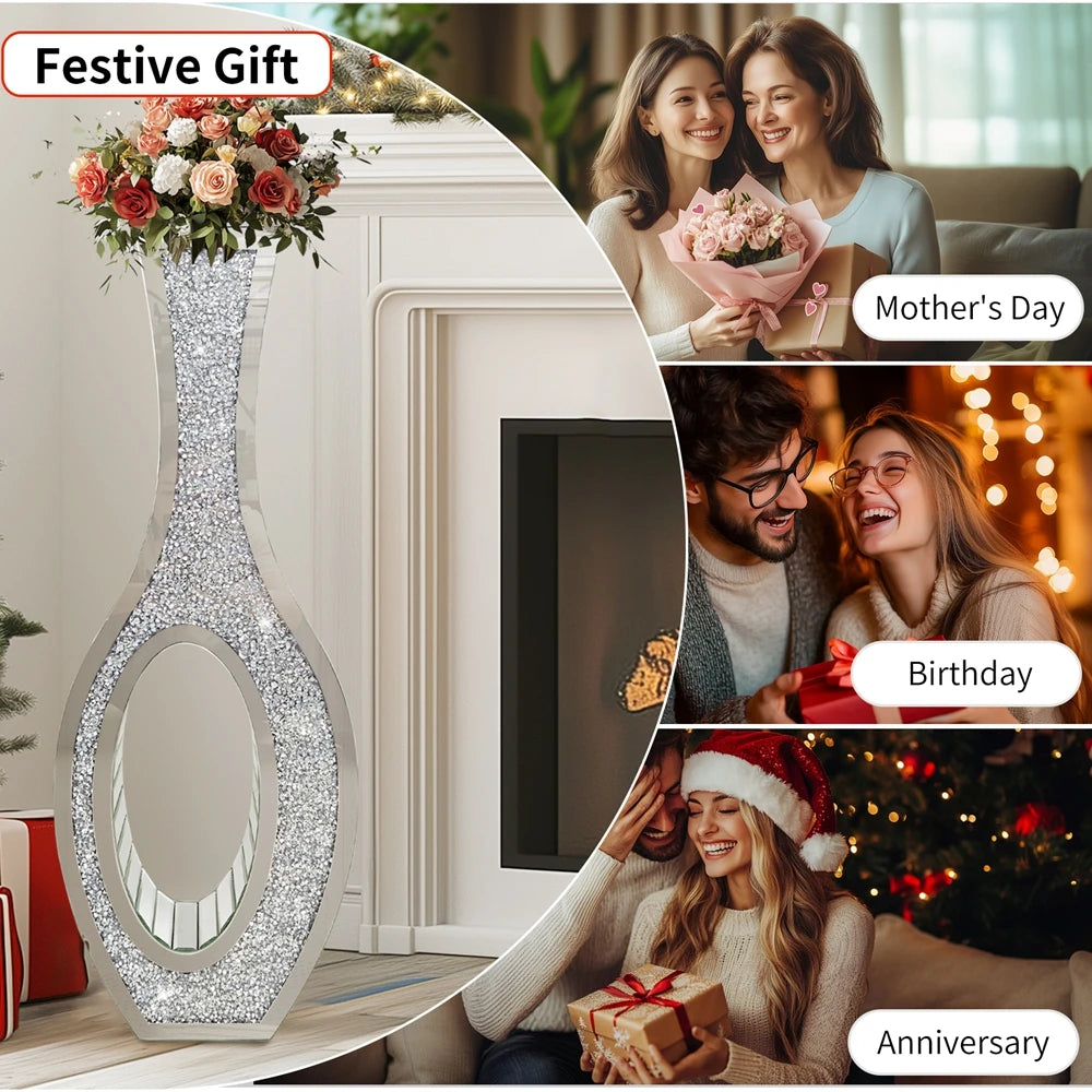 Tall Silver Mirrored Floor Vase With Crushed Diamond Accents