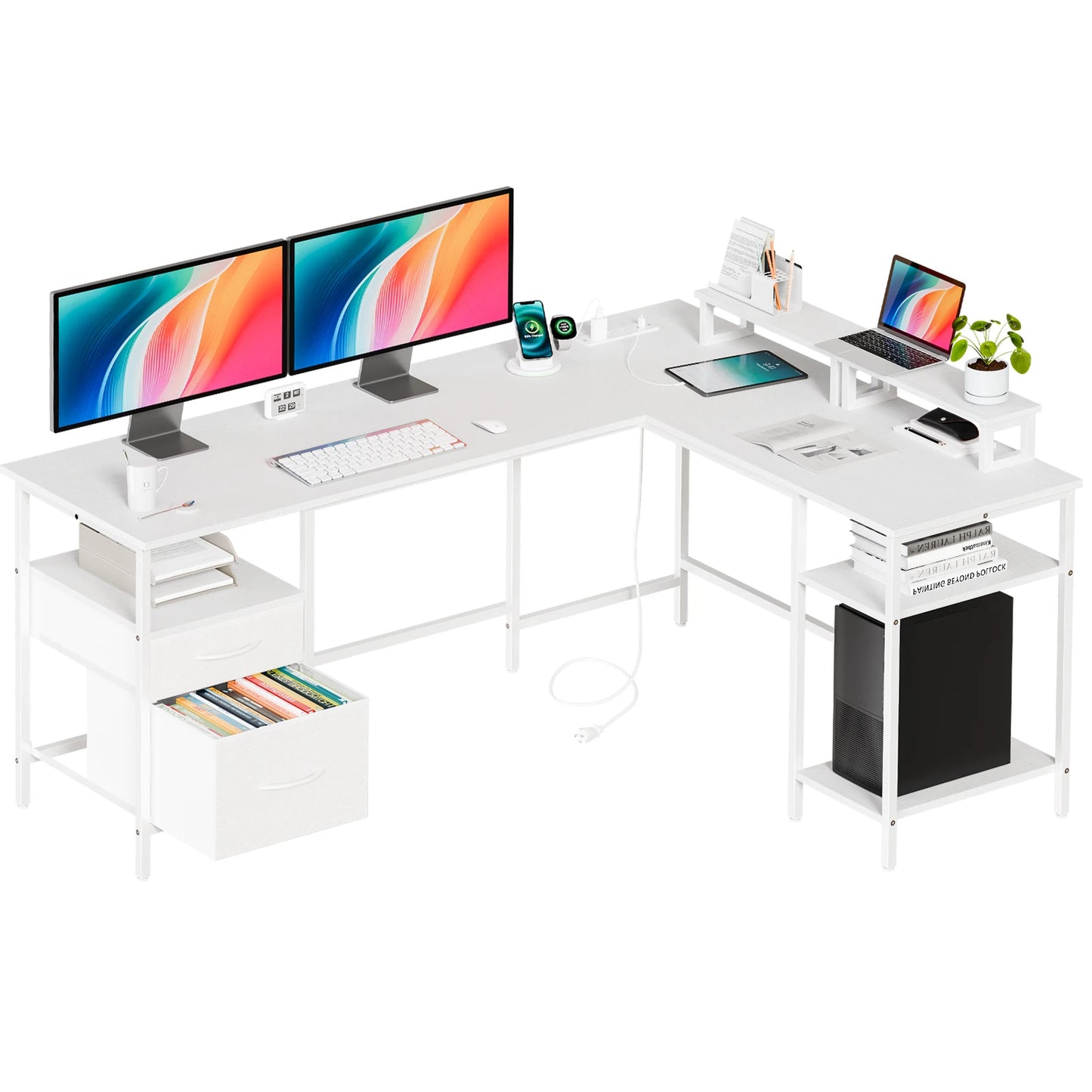 JHK L Shaped Computer Desk With Two Drawers Storage Shelves And Charging Station