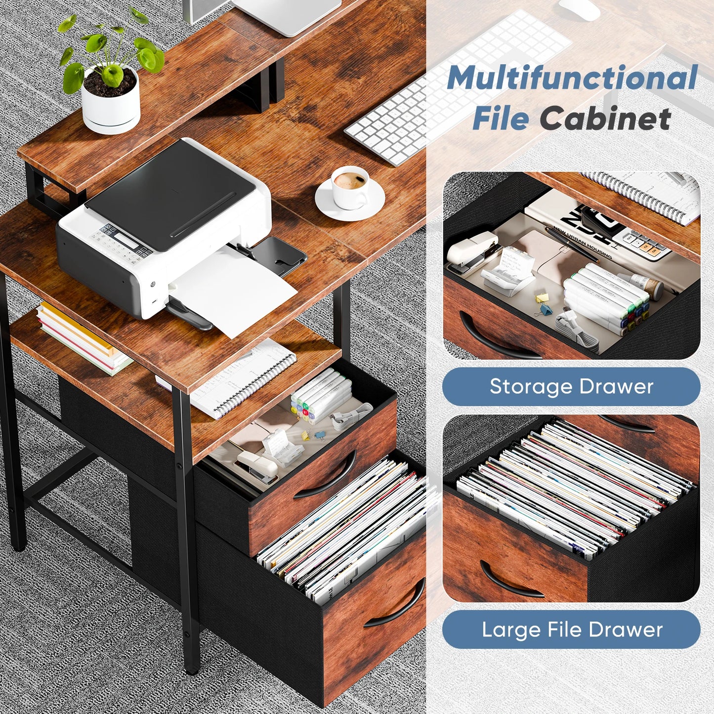 JHK L Shaped Computer Desk With Two Drawers Storage Shelves And Charging Station