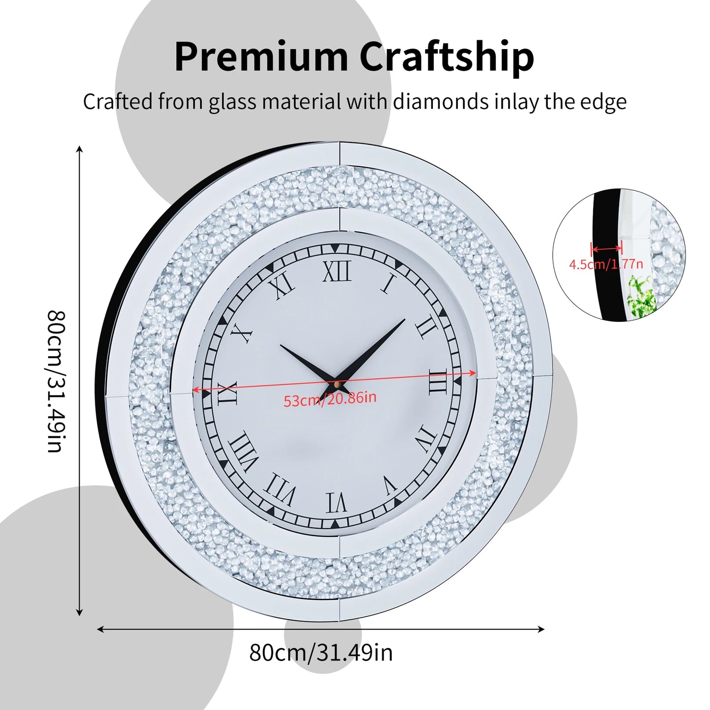 Round Mirror Clock With Crystals Sparkle And Wall Decor