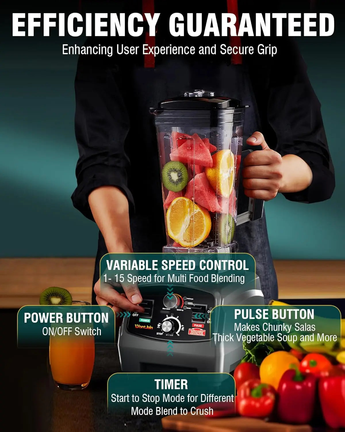 WantJoin 1800W Professional Commercial Blender With Timer