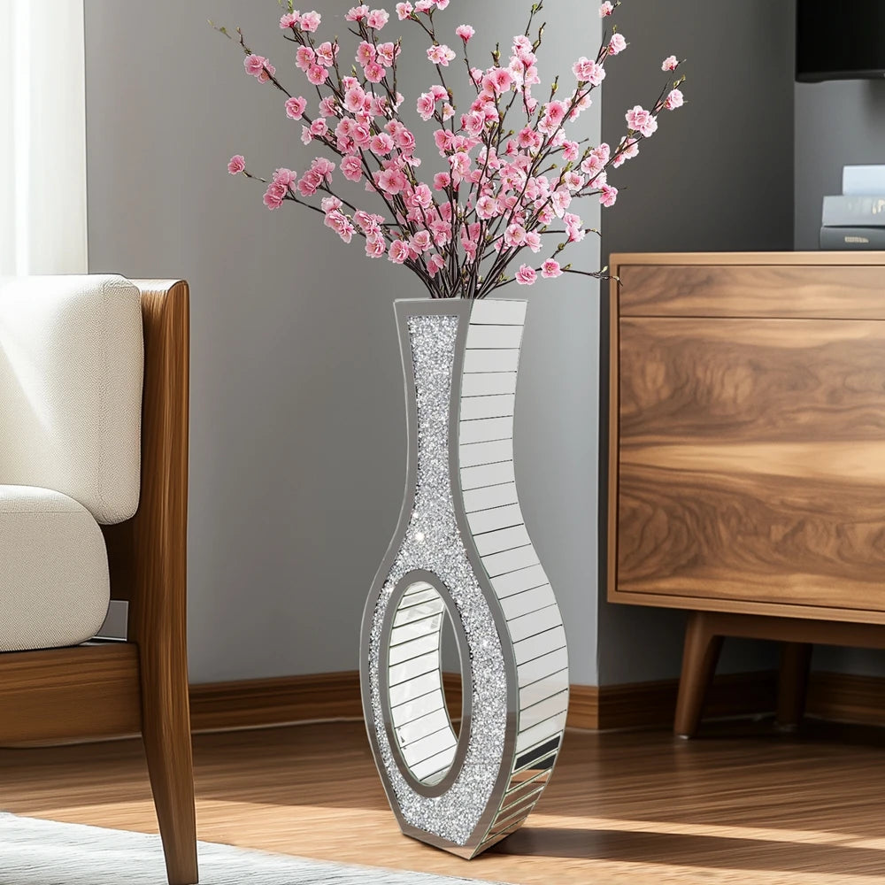 Tall Silver Mirrored Floor Vase With Crushed Diamond Accents