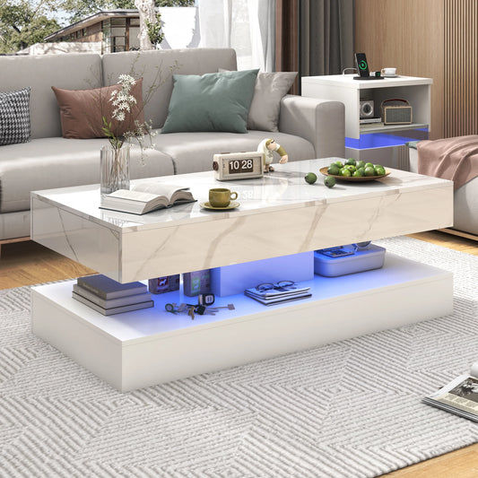 QiaoShiRen Modern Coffee Table With LED Lights And Dual Drawers