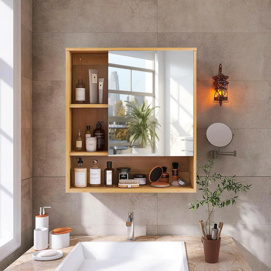 Wall Mounted Bamboo Medicine Cabinet With Mirror And Five Shelves