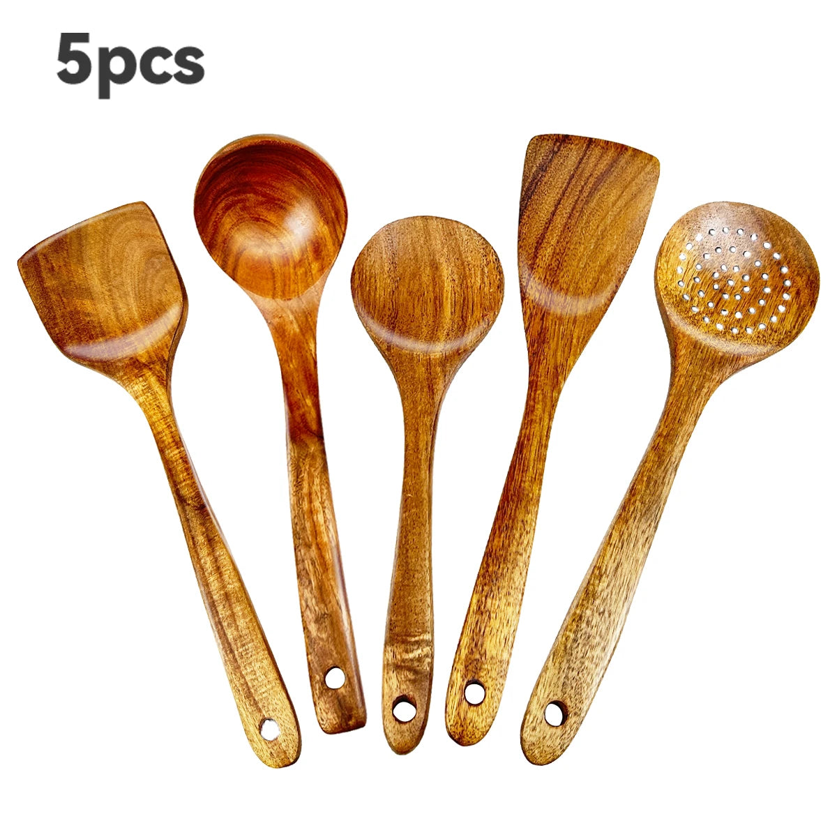 Natural Wood Kitchen Utensil Set With Ergonomic Handles Five Pieces