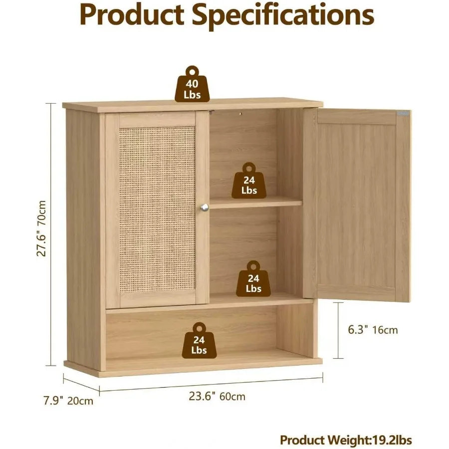 XIUWO Bathroom Wall Cabinet Medicine With Adjustable Shelf And Rattan Doors