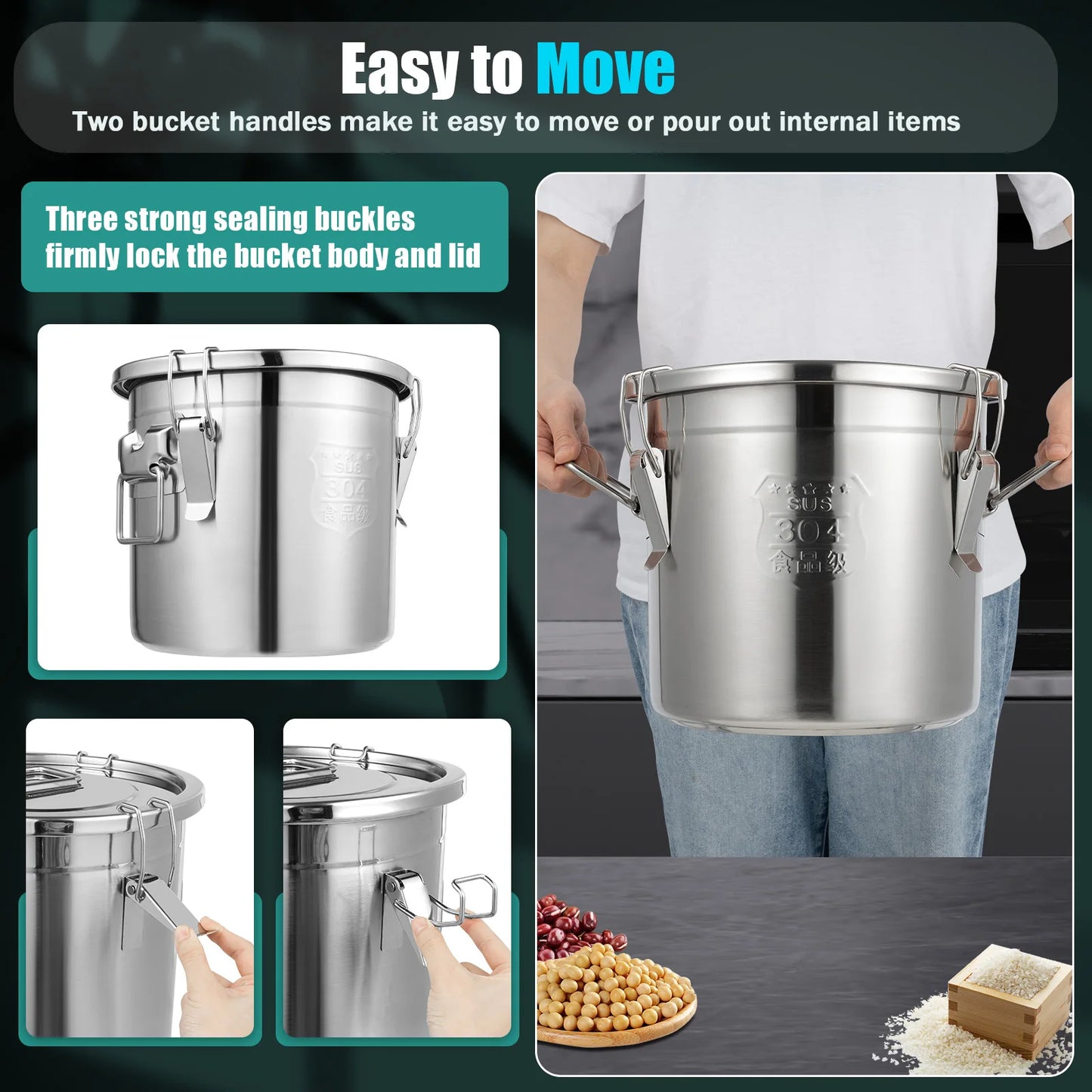 Bymaocar 304 Stainless Steel Cereal Container Airtight Storage Bucket