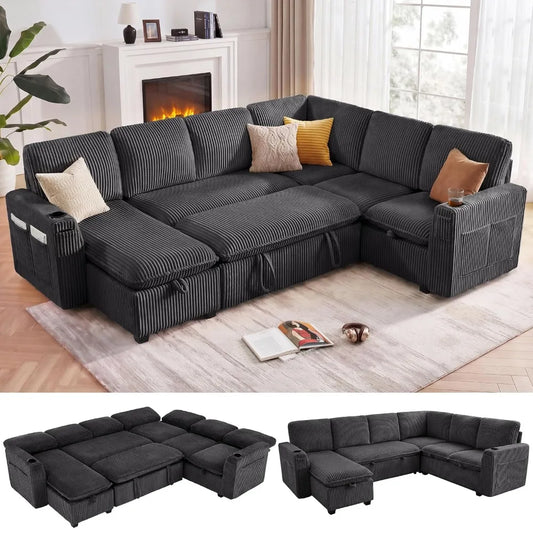Xiaolang Corduroy Sectional Sofa With Pull Out Bed Storage Chaise