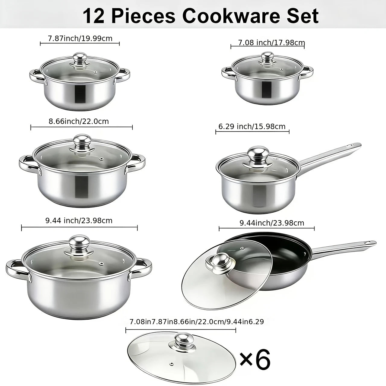 Stainless Steel 12 Piece Cookware Set With Lids And Handles