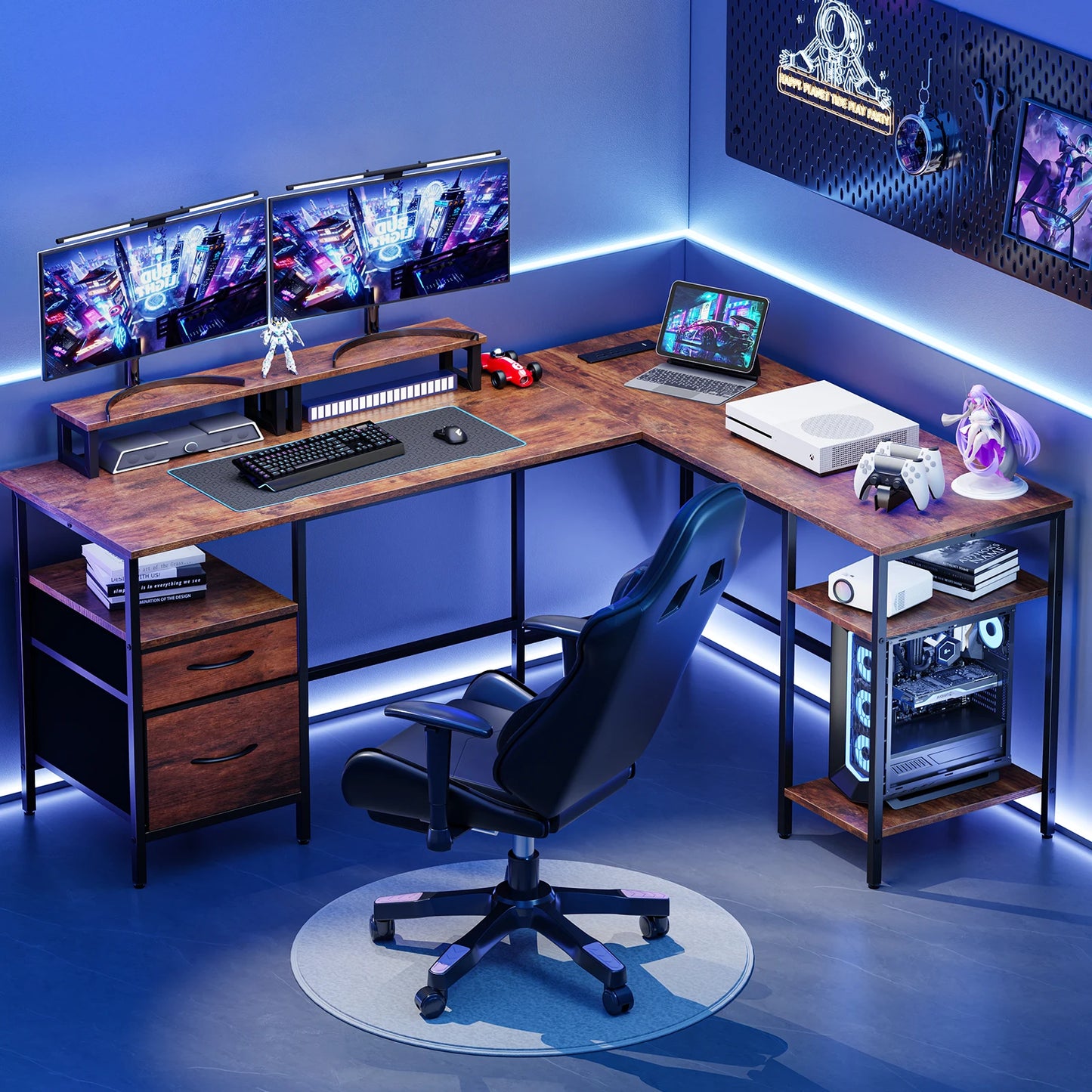 JHK L Shaped Computer Desk With Two Drawers Storage Shelves And Charging Station