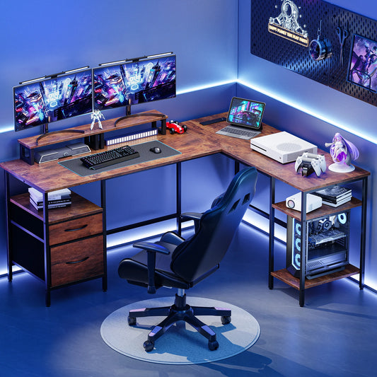 JHK L Shaped Computer Desk With Two Drawers Storage Shelves And Charging Station