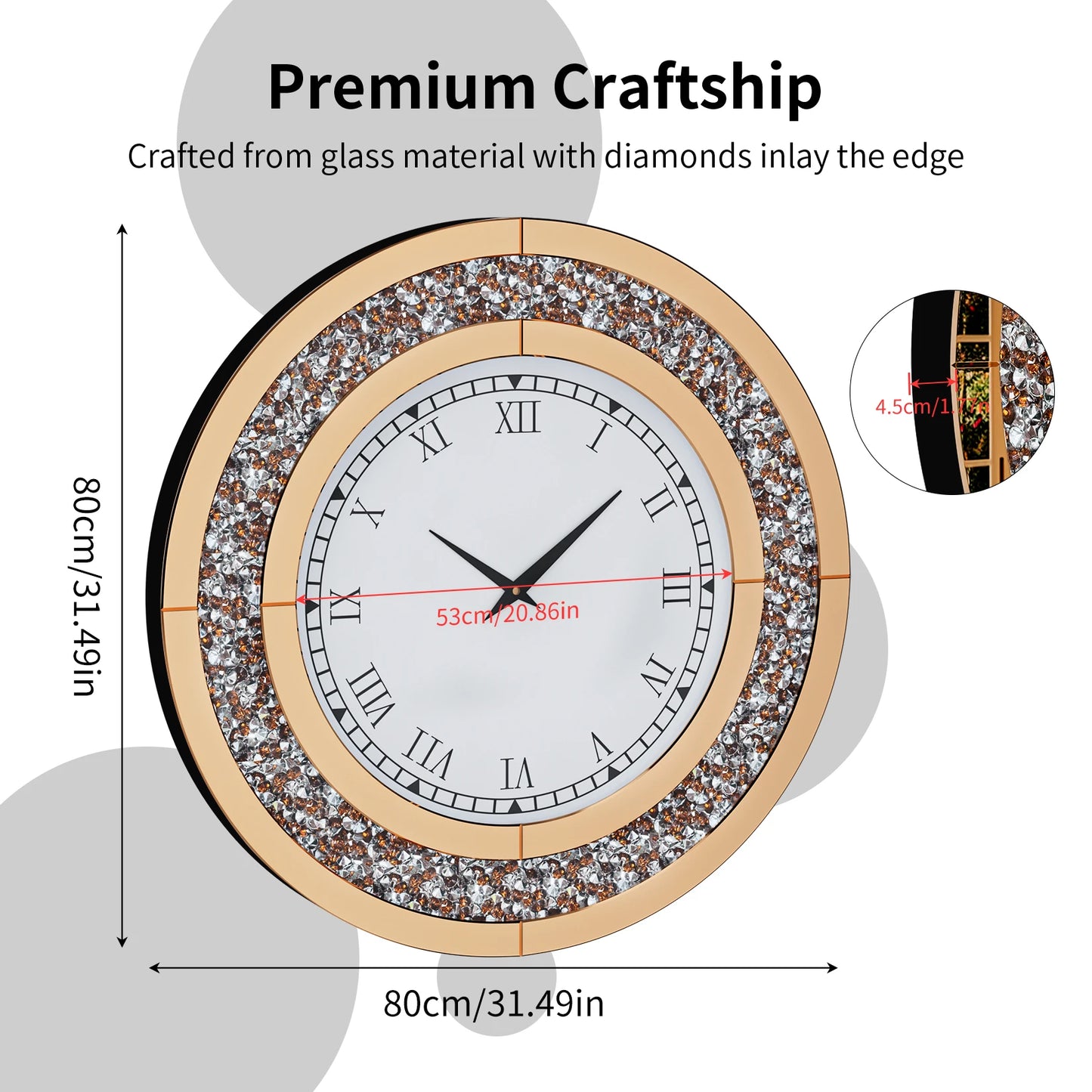 Round Mirror Clock With Crystals Sparkle And Wall Decor
