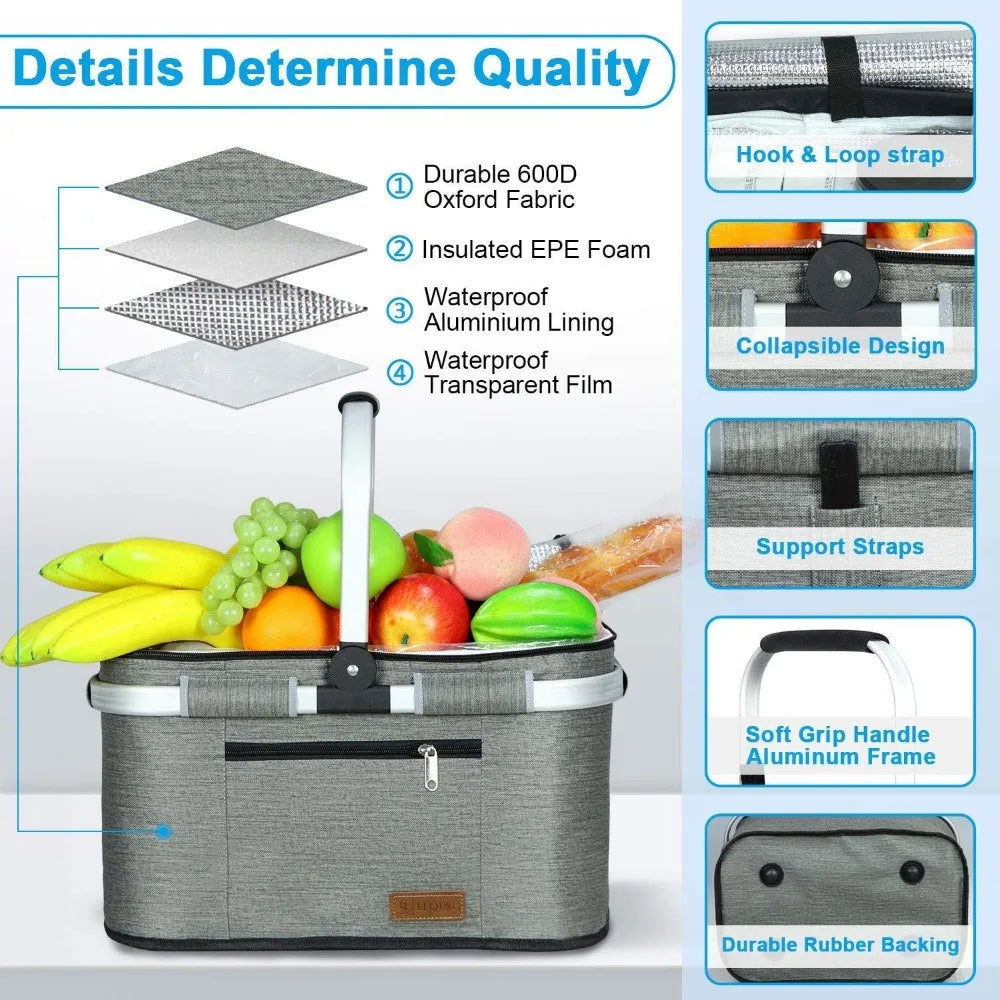 NBVCX Insulated Picnic Basket With Dual Pockets Leakproof Foldable