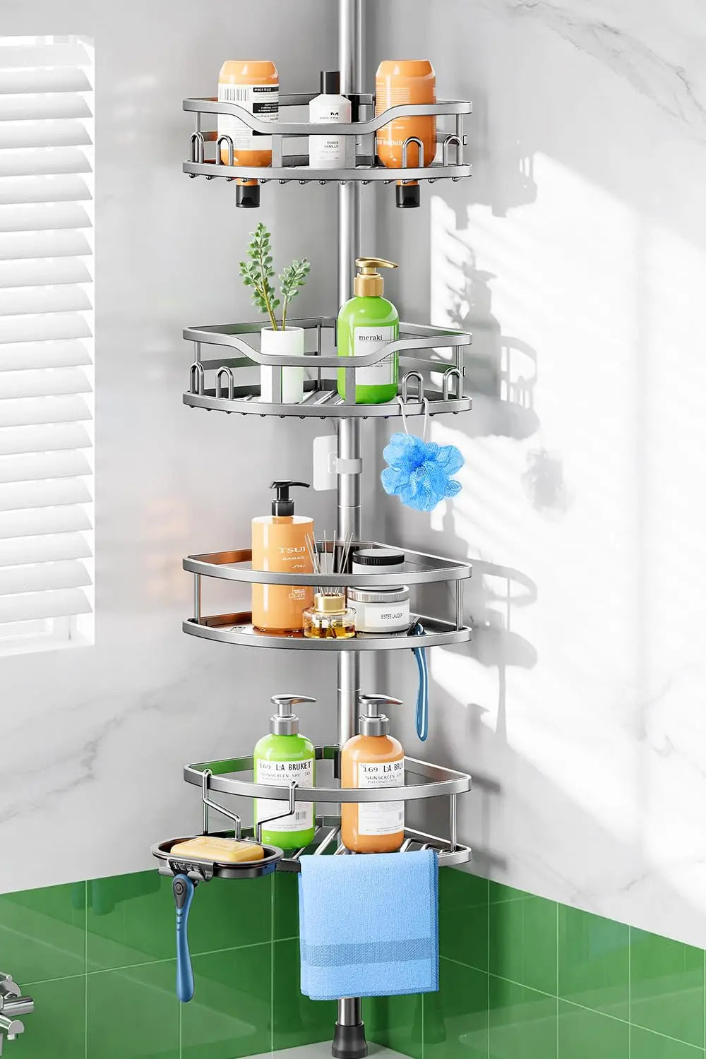 Rustproof 4 Tier Corner Shower Caddy With Tension Pole