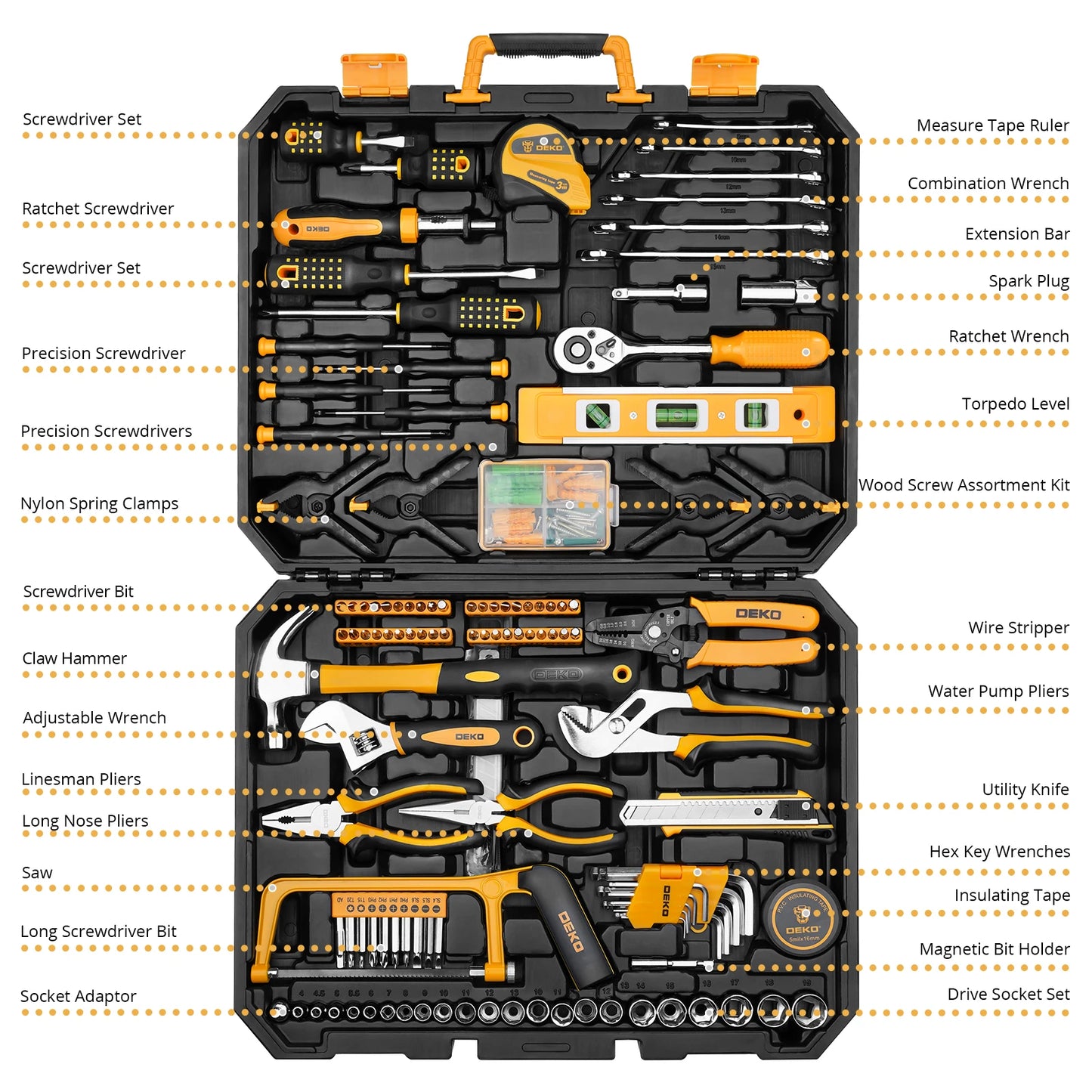 DEKOPRO 228 Piece Socket Wrench Auto Repair Tool Set With Plastic Toolbox