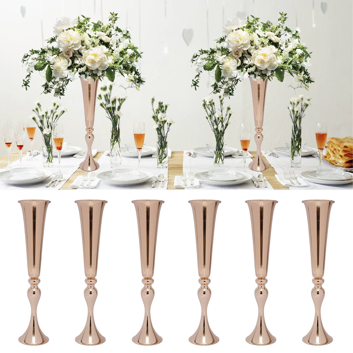 Elegant Set of 6 Metal Trumpet Vases for Wedding Decor