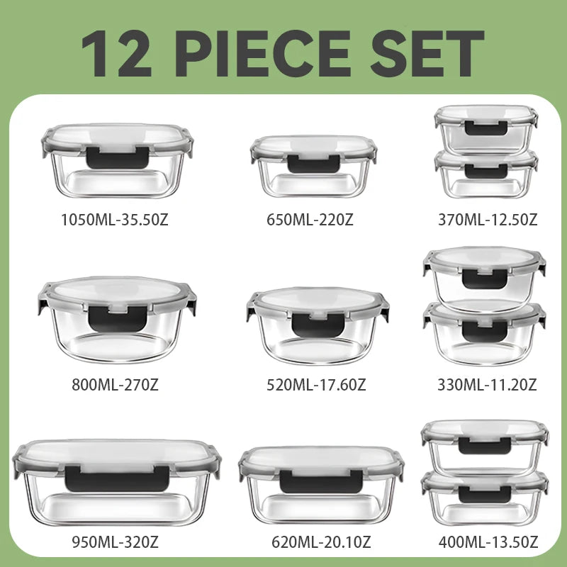 Glass Lunch Box Set 12 Pcs Airtight Microwave Safe Meal Prep Containers