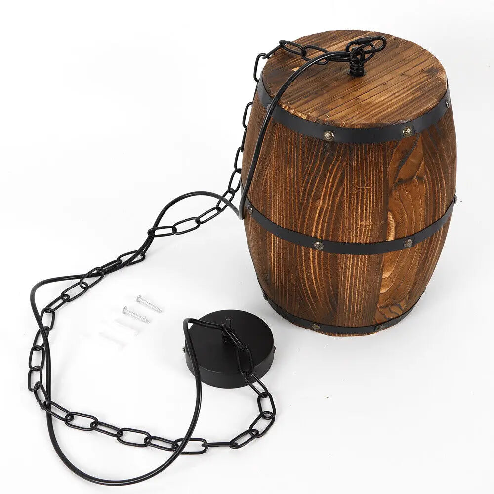Vintage Wine Barrel Pendant Light Rustic Wood Ceiling Lamp For Cafe Bar