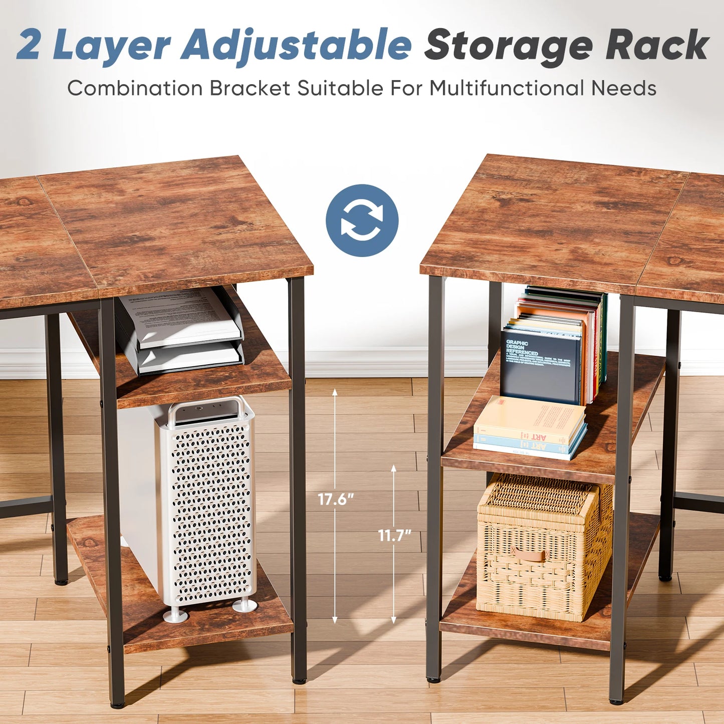 JHK L Shaped Computer Desk With Two Drawers Storage Shelves And Charging Station