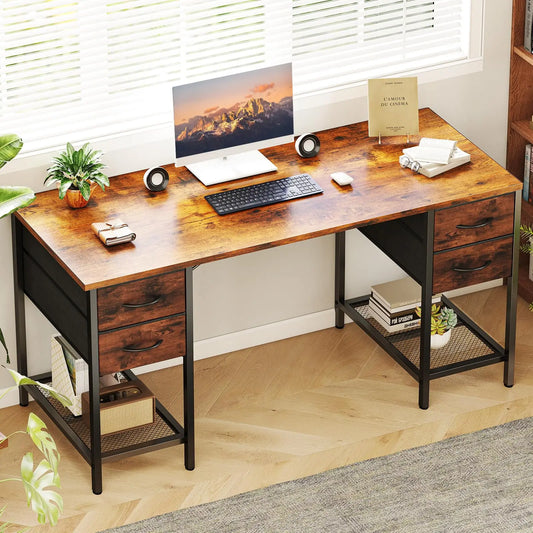 JHK Computer Desk With 4 Drawers And Mesh Shelf For Home Office