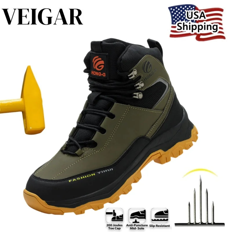 VEIGAR Men's Protective Work Shoes Anti Puncture Steel Toe Boots