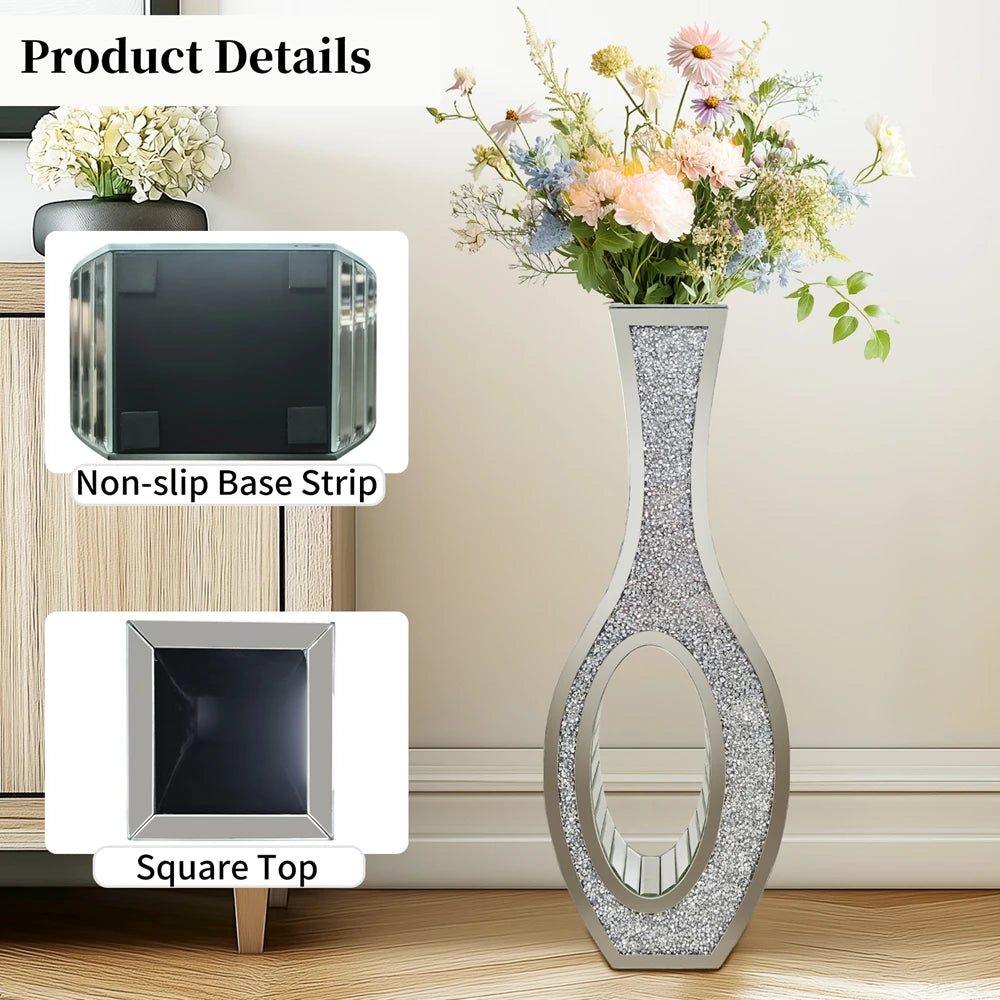 Tall Silver Mirrored Floor Vase With Crushed Diamond Accents