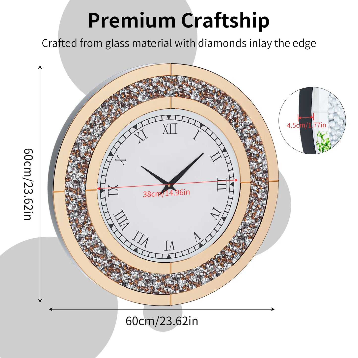 Round Mirror Clock With Crystals Sparkle And Wall Decor