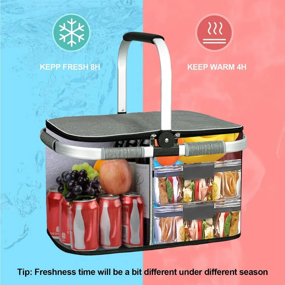 NBVCX Insulated Picnic Basket With Dual Pockets Leakproof Foldable