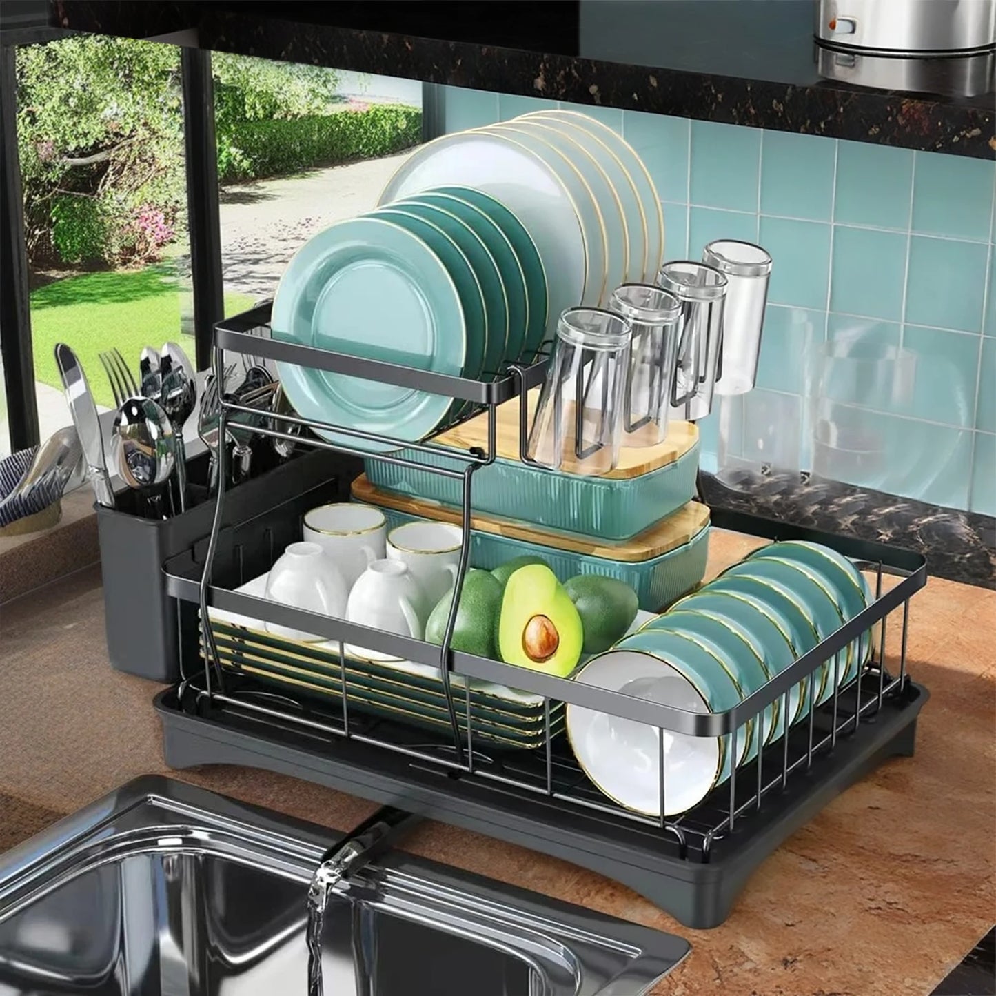 Large Capacity Two Tier Dish Drying Rack For Kitchen Countertops
