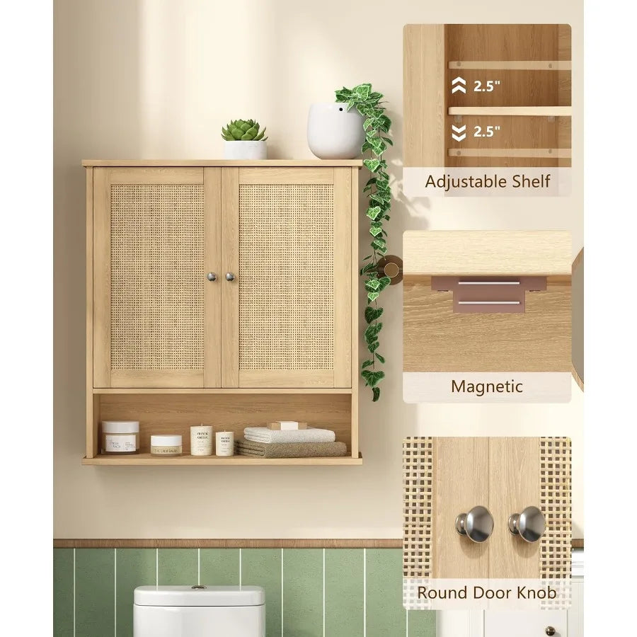 XIUWO Bathroom Wall Cabinet Medicine With Adjustable Shelf And Rattan Doors