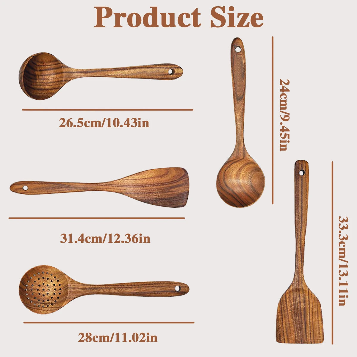 Natural Wood Kitchen Utensil Set With Ergonomic Handles Five Pieces