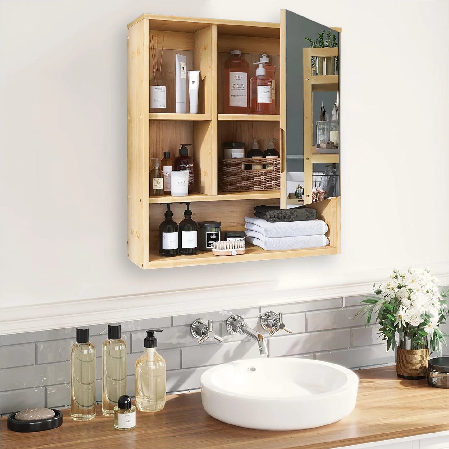 Wall Mounted Bamboo Medicine Cabinet With Mirror And Five Shelves