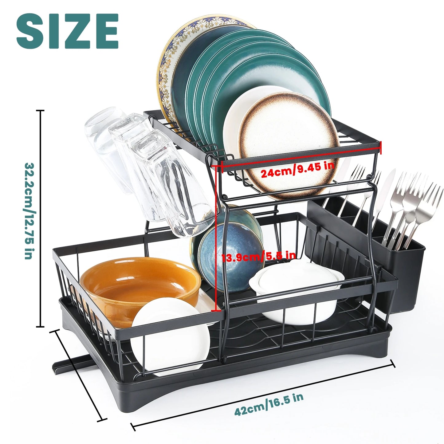 Large Capacity Two Tier Dish Drying Rack For Kitchen Countertops