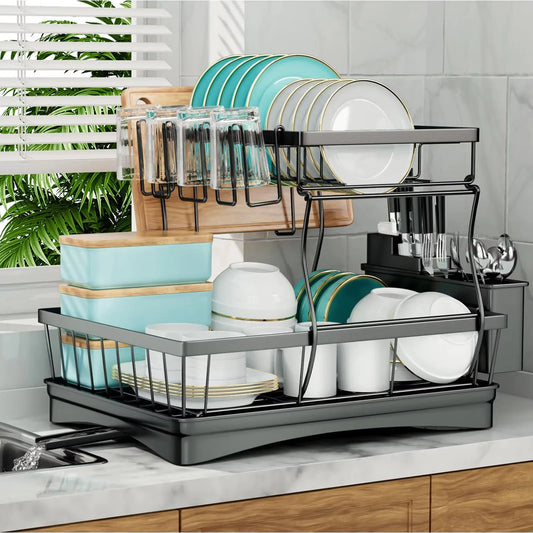 Large Capacity Two Tier Dish Drying Rack For Kitchen Countertops