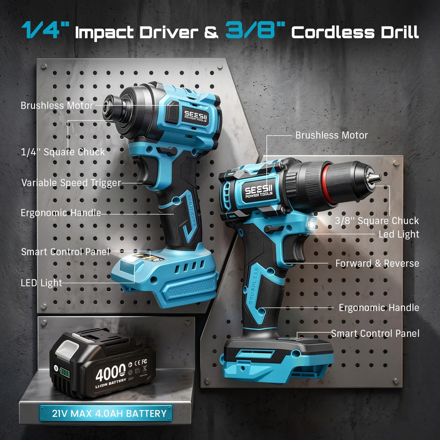 Seesii 21V Cordless Drill And Impact Driver Combo Kit