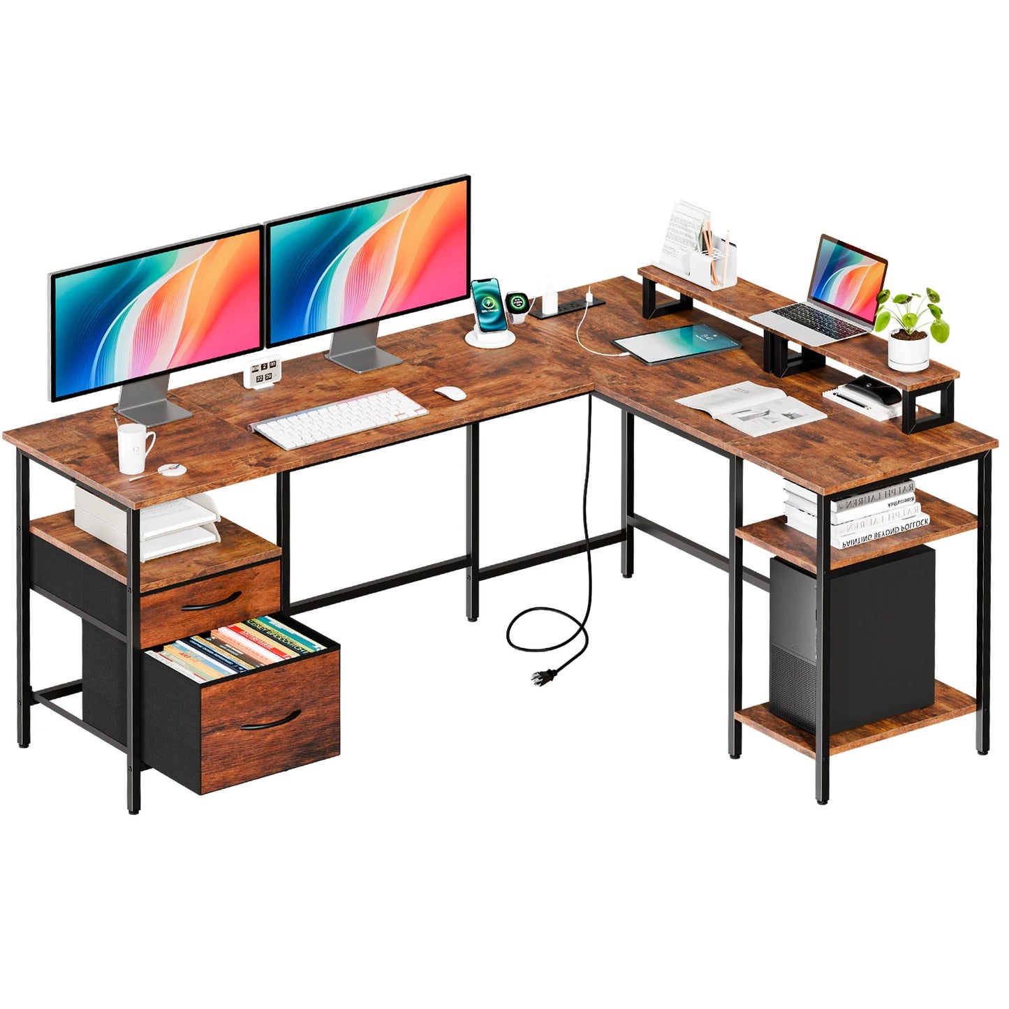 JHK L Shaped Computer Desk With Two Drawers Storage Shelves And Charging Station