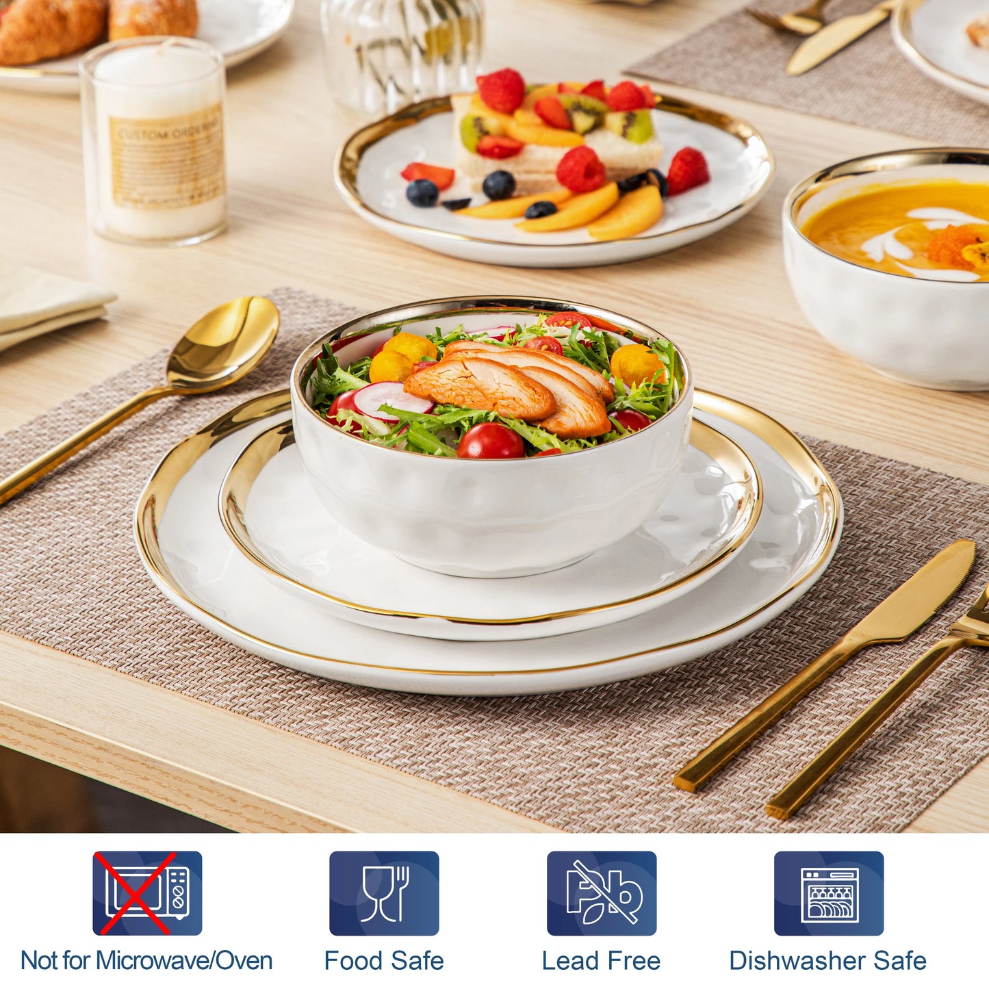 Malacasa Ceramic Porcelain Dinnerware Set Rimmed For Everyday Use