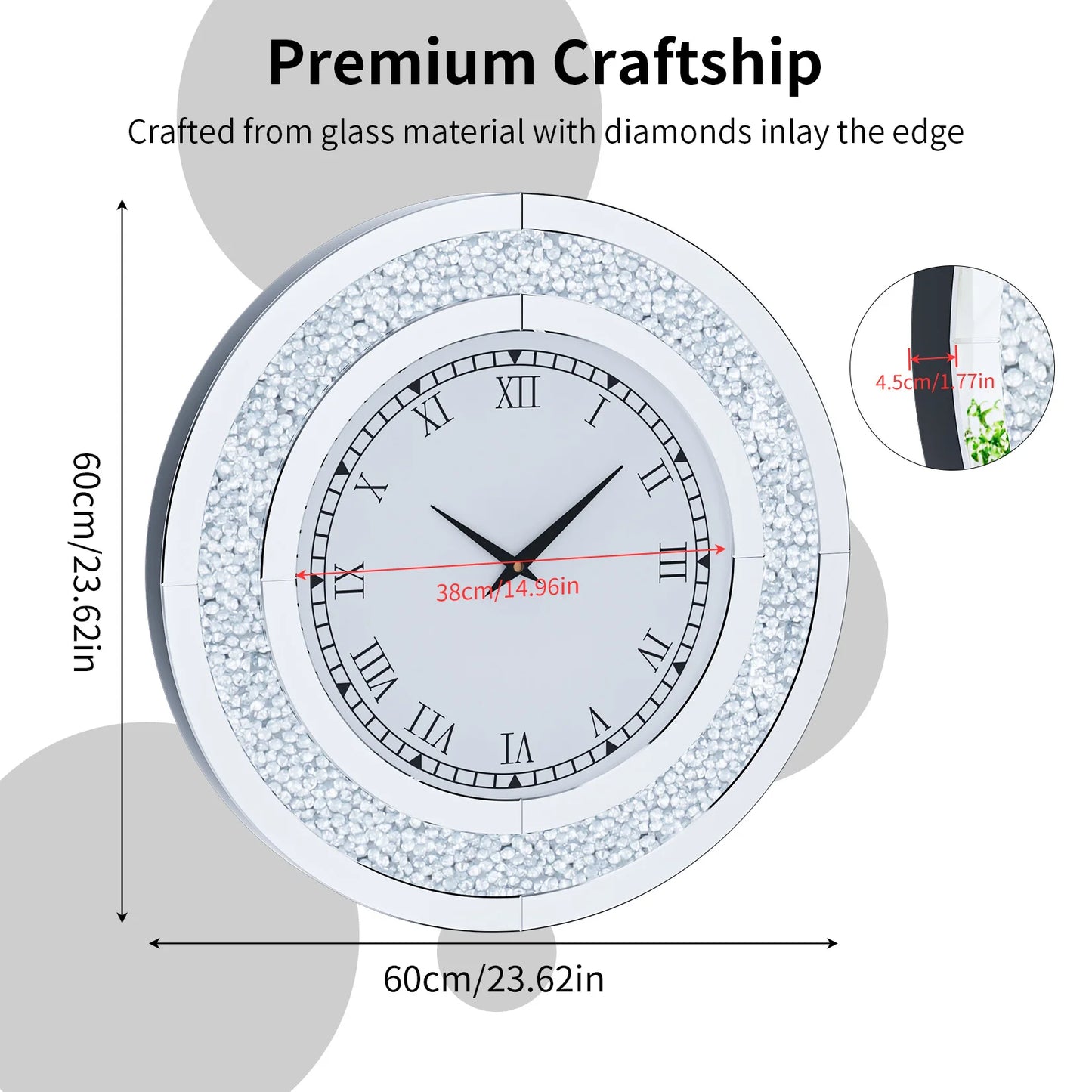 Round Mirror Clock With Crystals Sparkle And Wall Decor