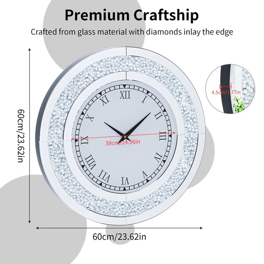 Round Mirror Clock With Crystals Sparkle And Wall Decor
