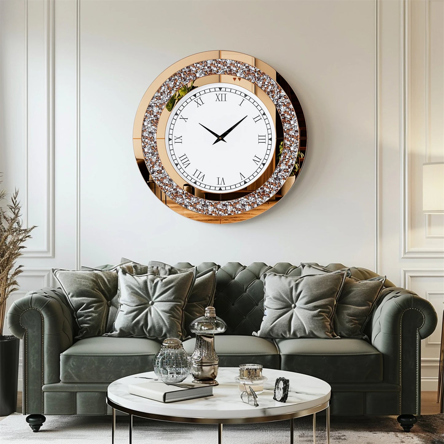 Round Mirror Clock With Crystals Sparkle And Wall Decor