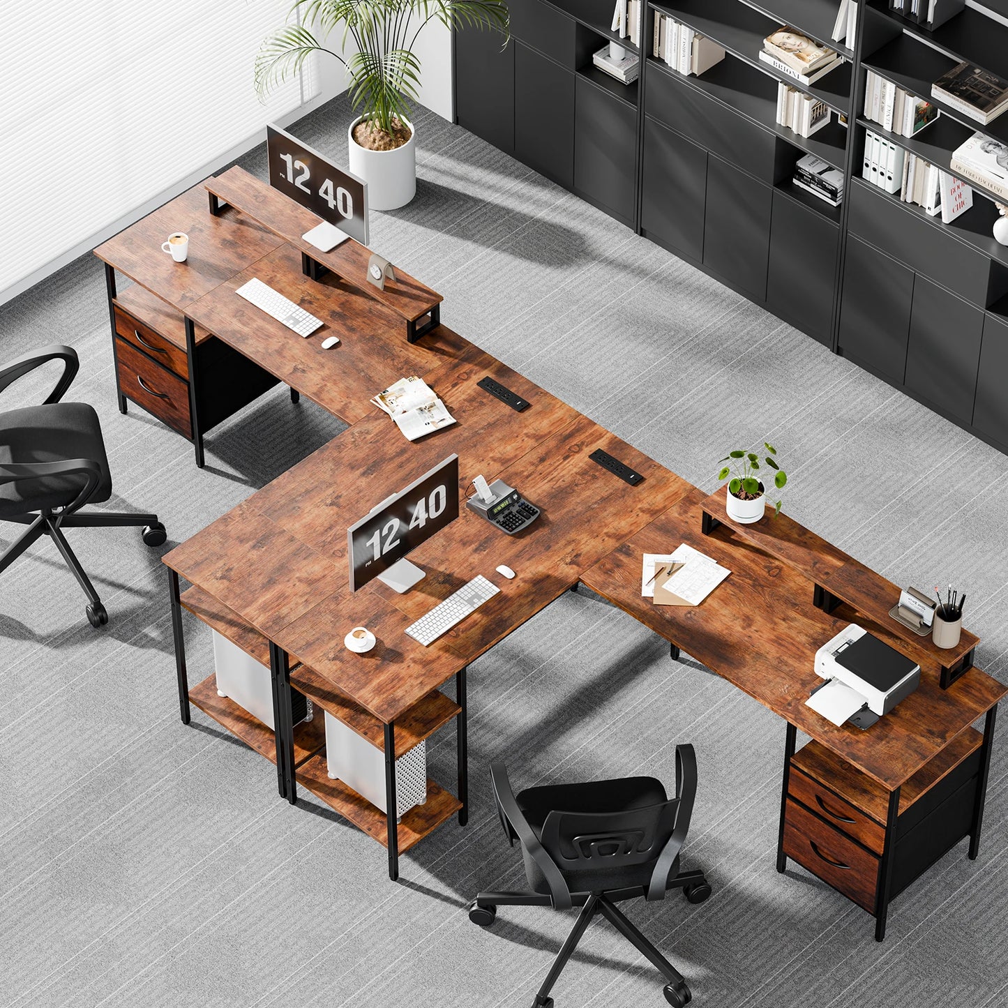 JHK L Shaped Computer Desk With Two Drawers Storage Shelves And Charging Station